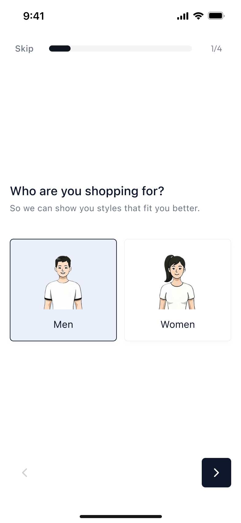 Before, step 1 of 4 — Who are you shopping for?
